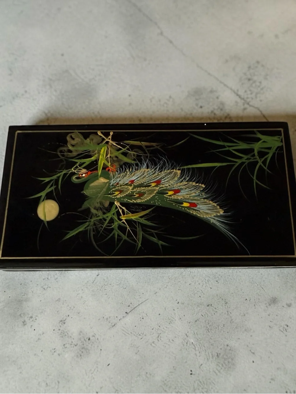 Japanese Hand Painted Bird Black Lacquered Jewelry Trinket Box Dresser Vanity